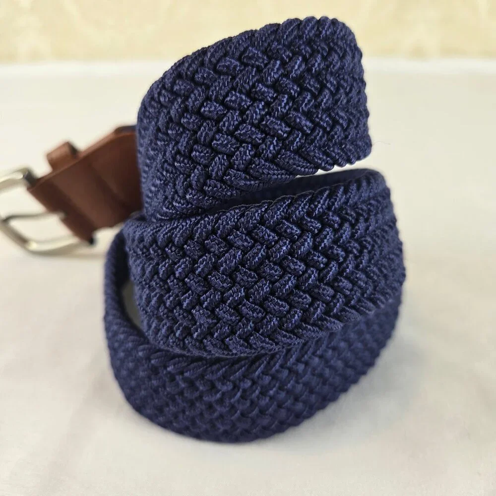 Mugsy Navy Blue Woven Belt Brown Tabs Brushed Silver Hardware One Size Fits Most
